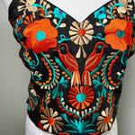 Load image into Gallery viewer, PUEBLA BUSTIER - BLACK W/ORANGE, TEAL BIRDS- S-XL
