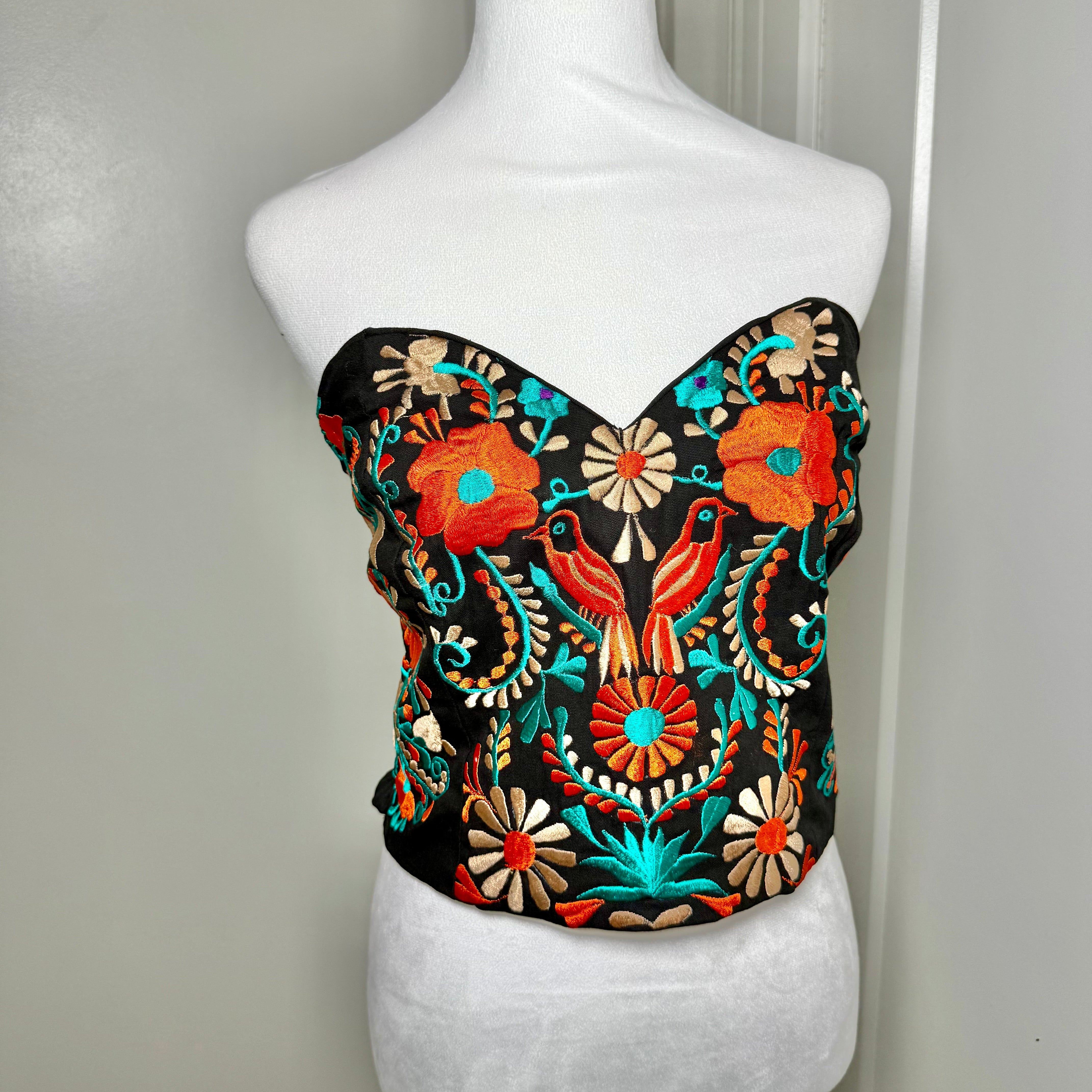 PUEBLA BUSTIER - BLACK W/ORANGE, TEAL BIRDS- S-XL