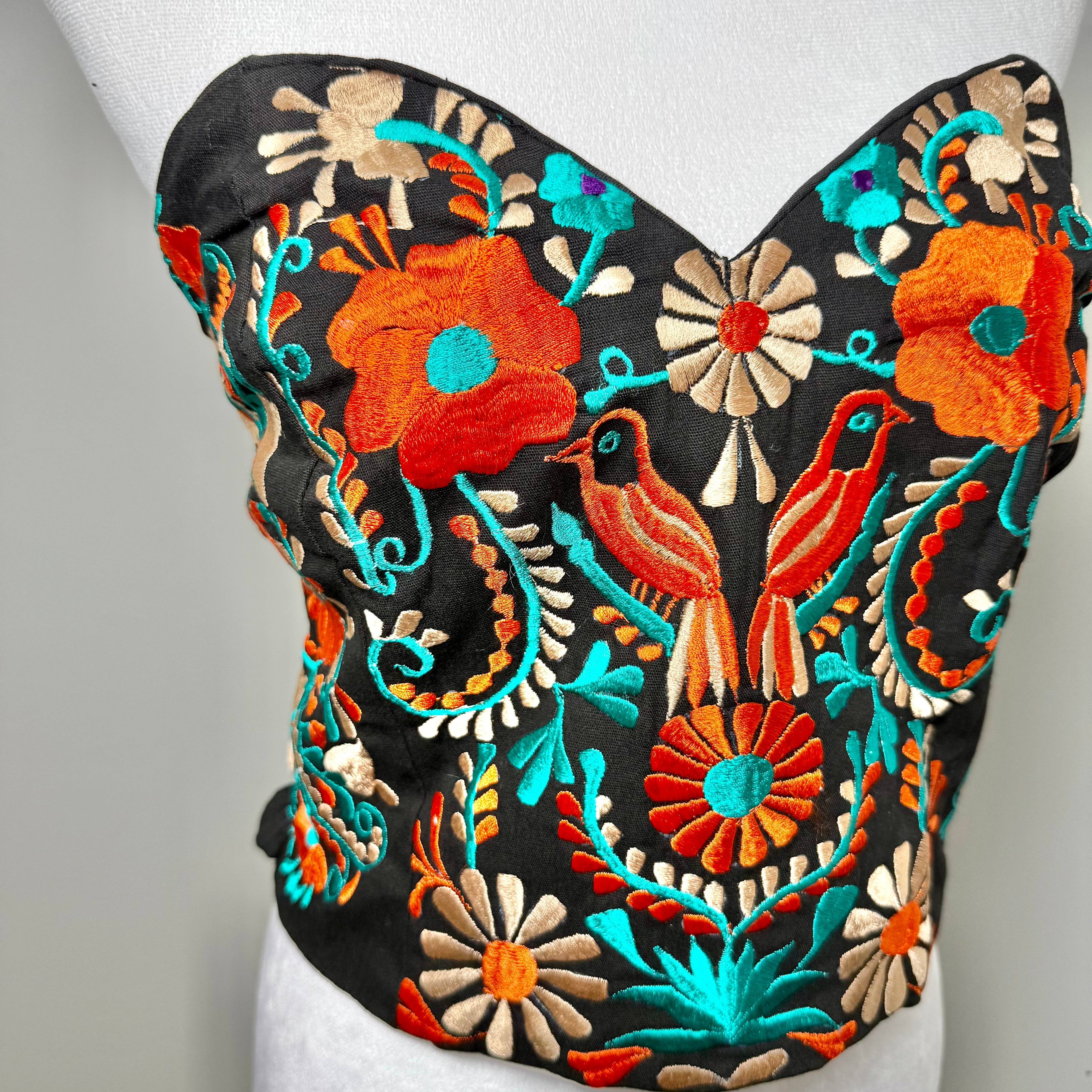PUEBLA BUSTIER - BLACK W/ORANGE, TEAL BIRDS- S-XL