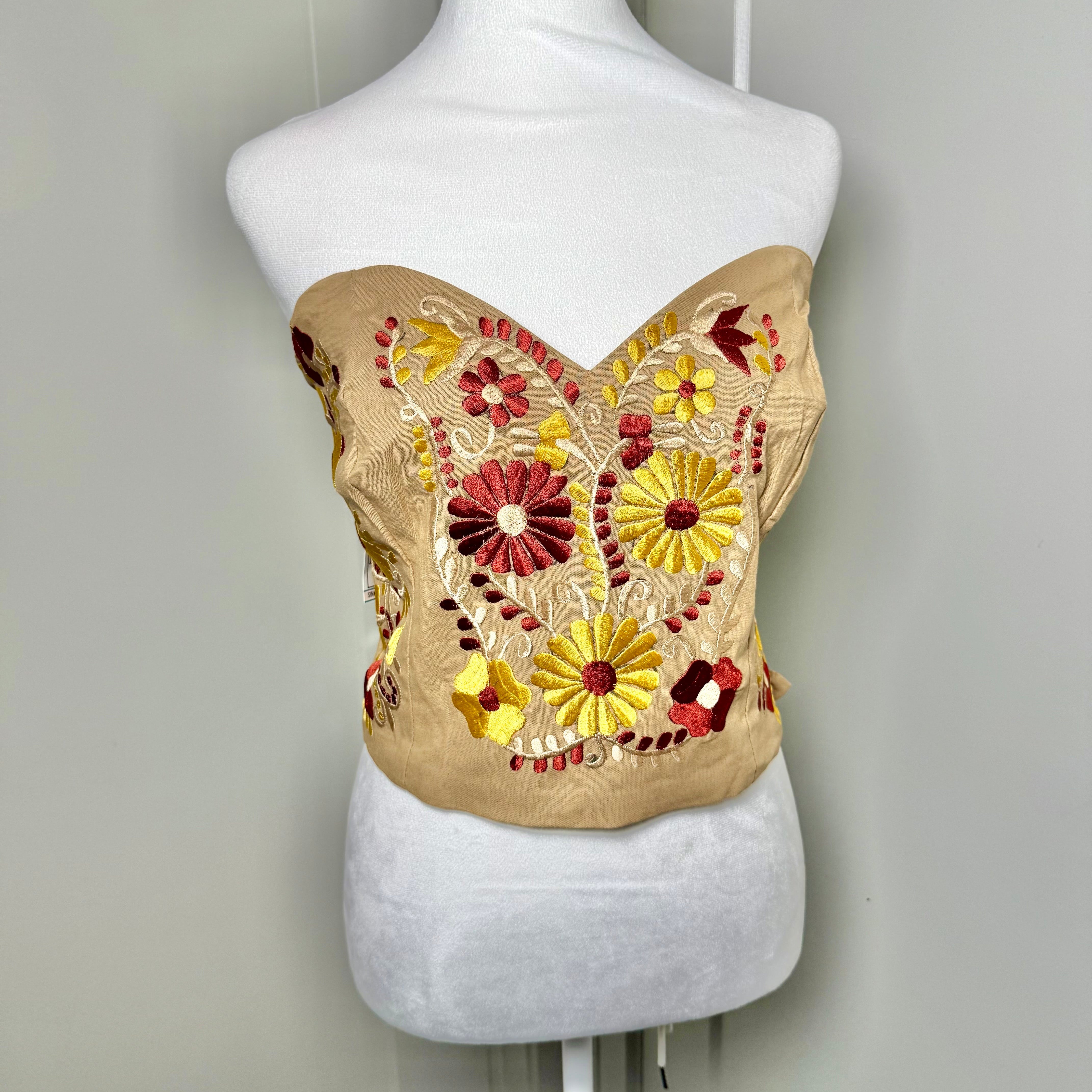 PUEBLA BUSTIER - TAN W/RUST & GOLD FLOWERS - S-XL