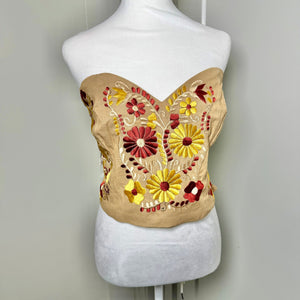 PUEBLA BUSTIER - TAN W/RUST & GOLD FLOWERS - S-XL