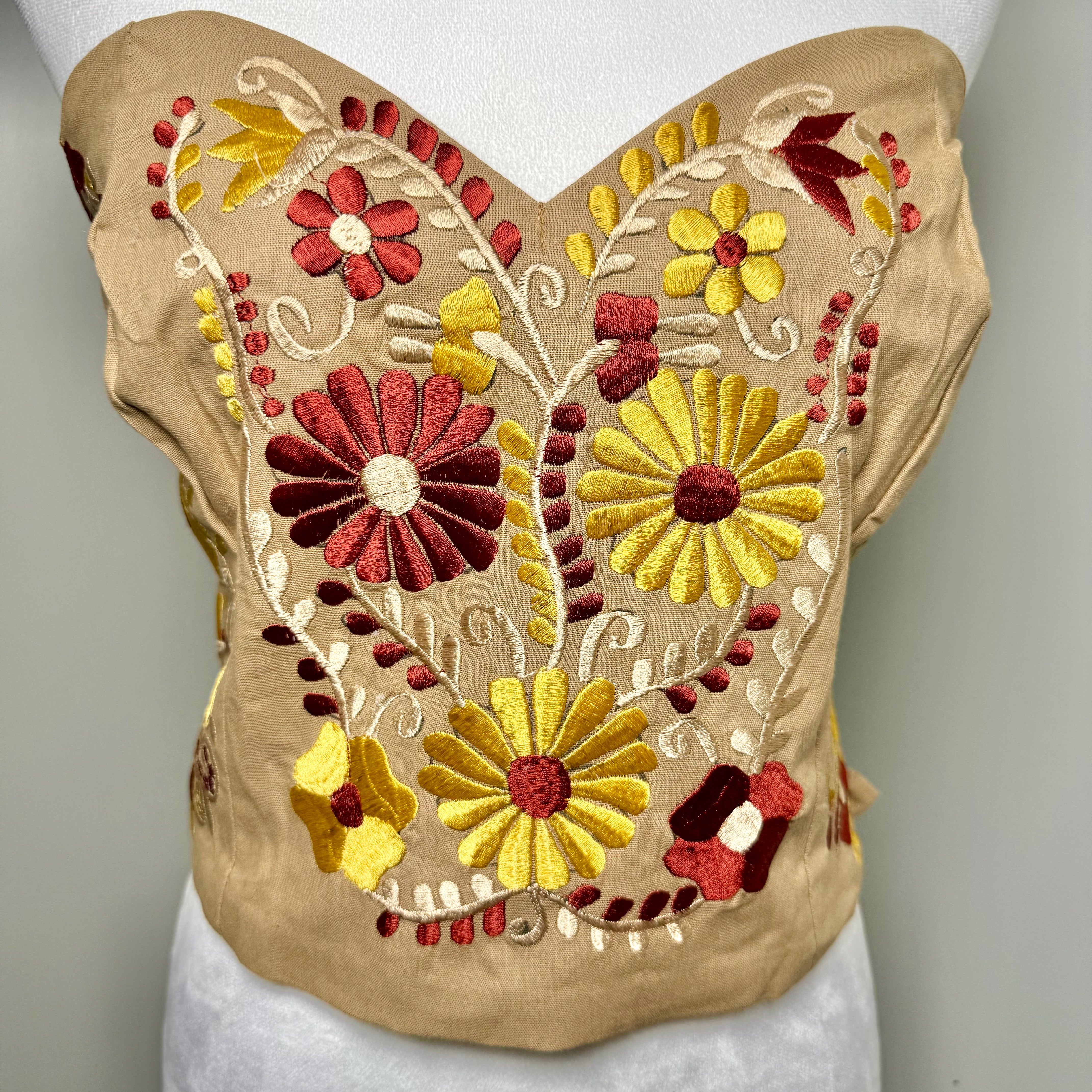 PUEBLA BUSTIER - TAN W/RUST & GOLD FLOWERS - S-XL