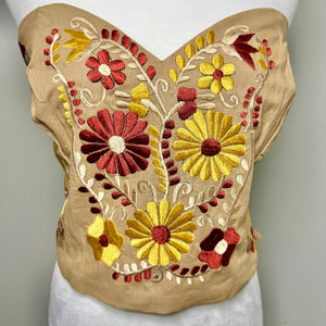 PUEBLA BUSTIER - TAN W/RUST & GOLD FLOWERS - S-XL