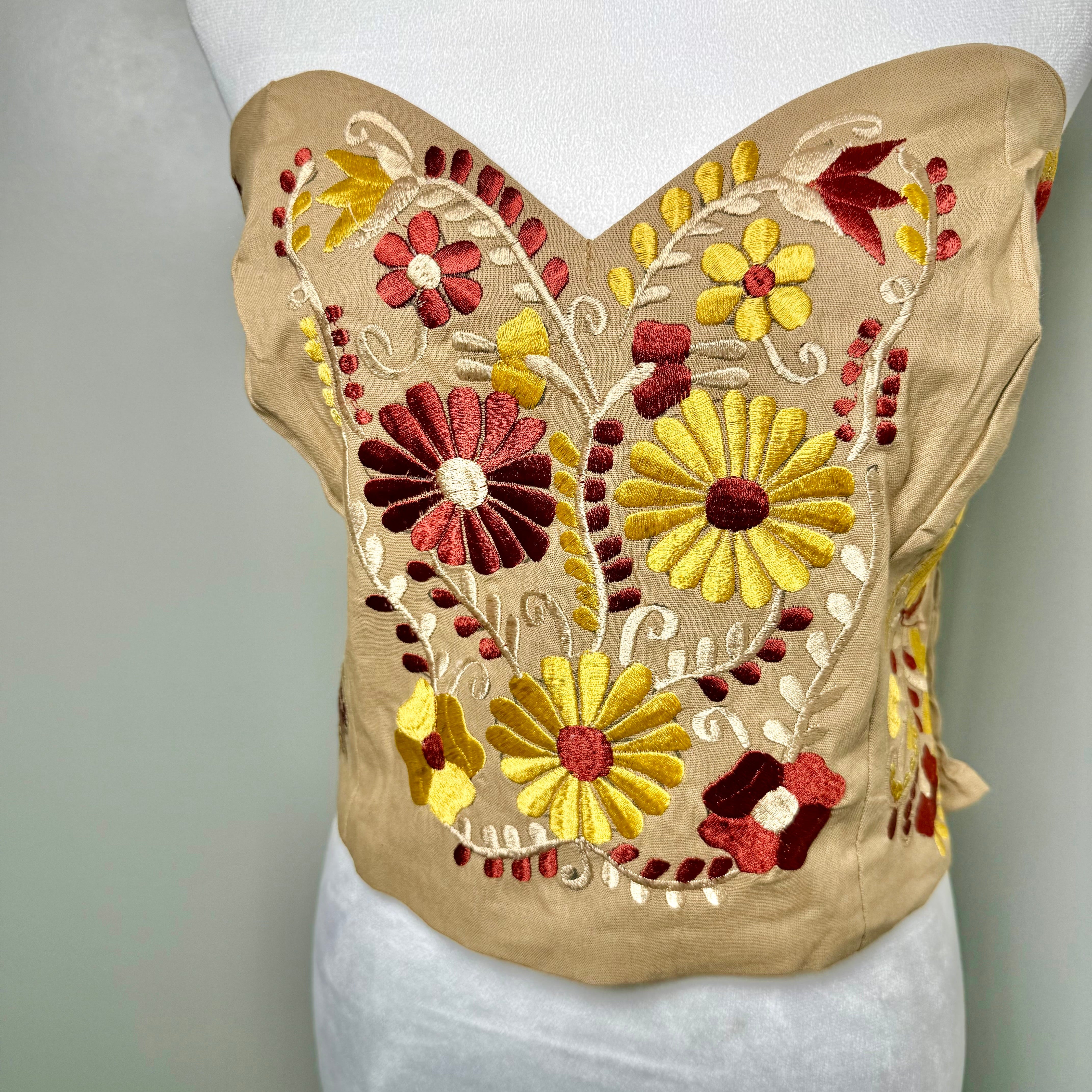 PUEBLA BUSTIER - TAN W/RUST & GOLD FLOWERS - S-XL