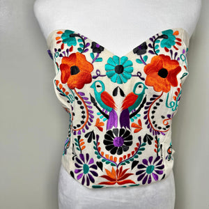 PUEBLA BUSTIER - NATURAL W/ORANGE, BLACK, TEAL W/BIRS- S-XL