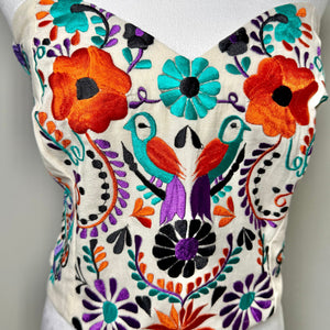 PUEBLA BUSTIER - NATURAL W/ORANGE, BLACK, TEAL W/BIRS- S-XL