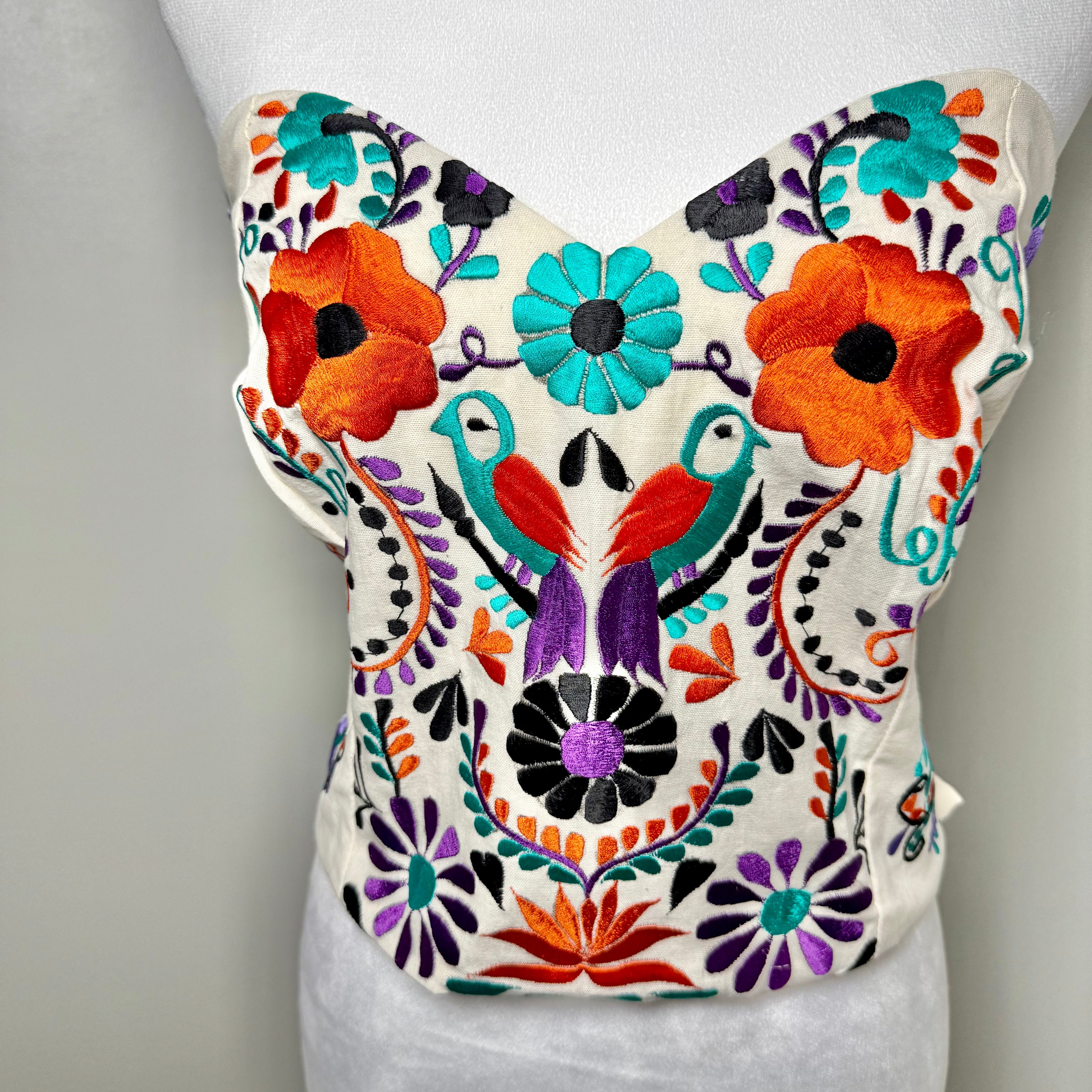 PUEBLA BUSTIER - NATURAL W/ORANGE, BLACK, TEAL W/BIRS- S-XL