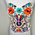 Load image into Gallery viewer, PUEBLA BUSTIER - NATURAL W/ORANGE, BLACK, TEAL W/BIRS- S-XL
