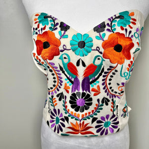 PUEBLA BUSTIER - NATURAL W/ORANGE, BLACK, TEAL W/BIRS- S-XL