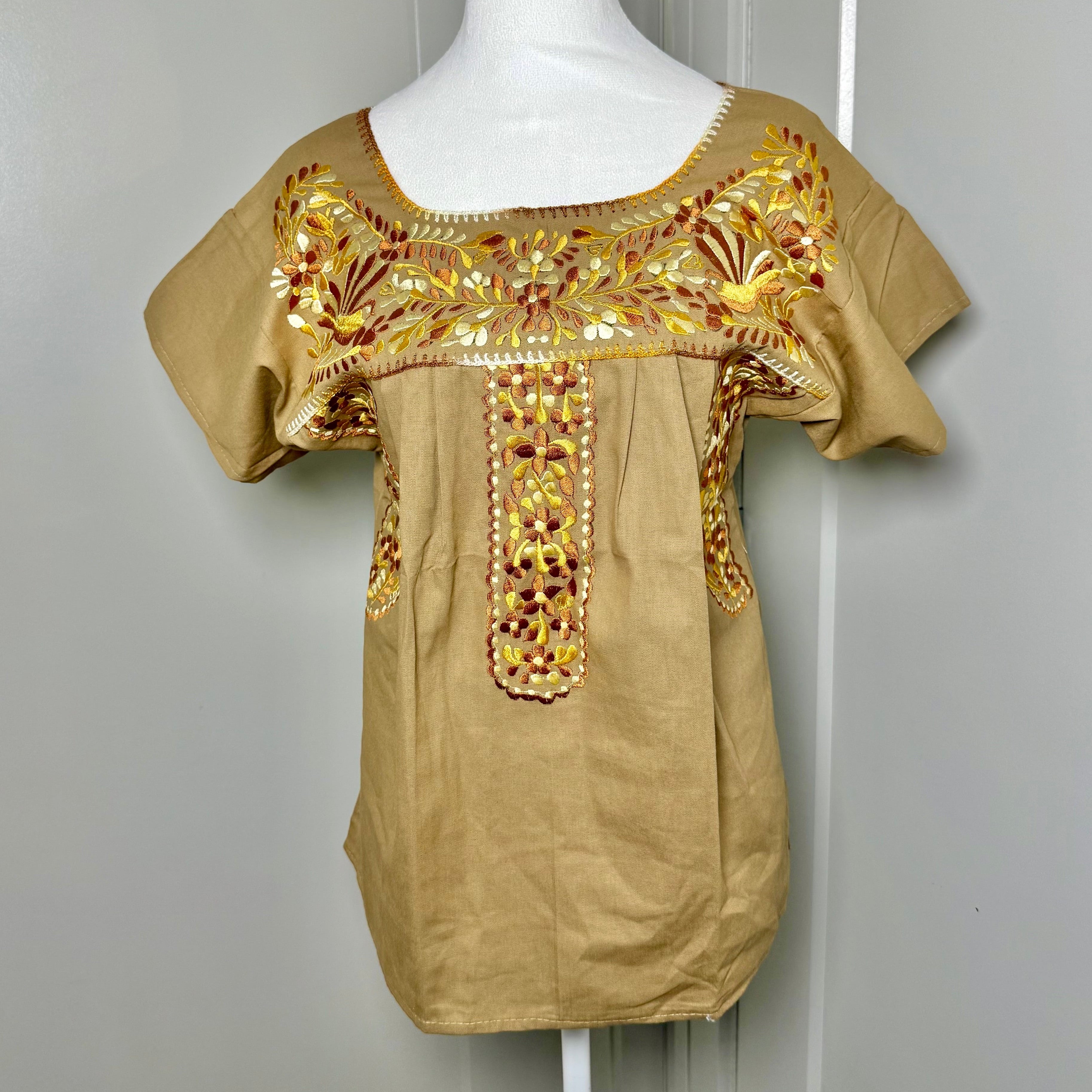 PUEBLA EMBROIDERED BLOUSE - TAN W/BROWN EMBROIDERY