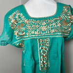 Load image into Gallery viewer, PUEBLA EMBROIDERED BLOUSE - TEAL W/GOLD EMBROIDERY
