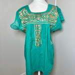 Load image into Gallery viewer, PUEBLA EMBROIDERED BLOUSE - TEAL W/GOLD EMBROIDERY
