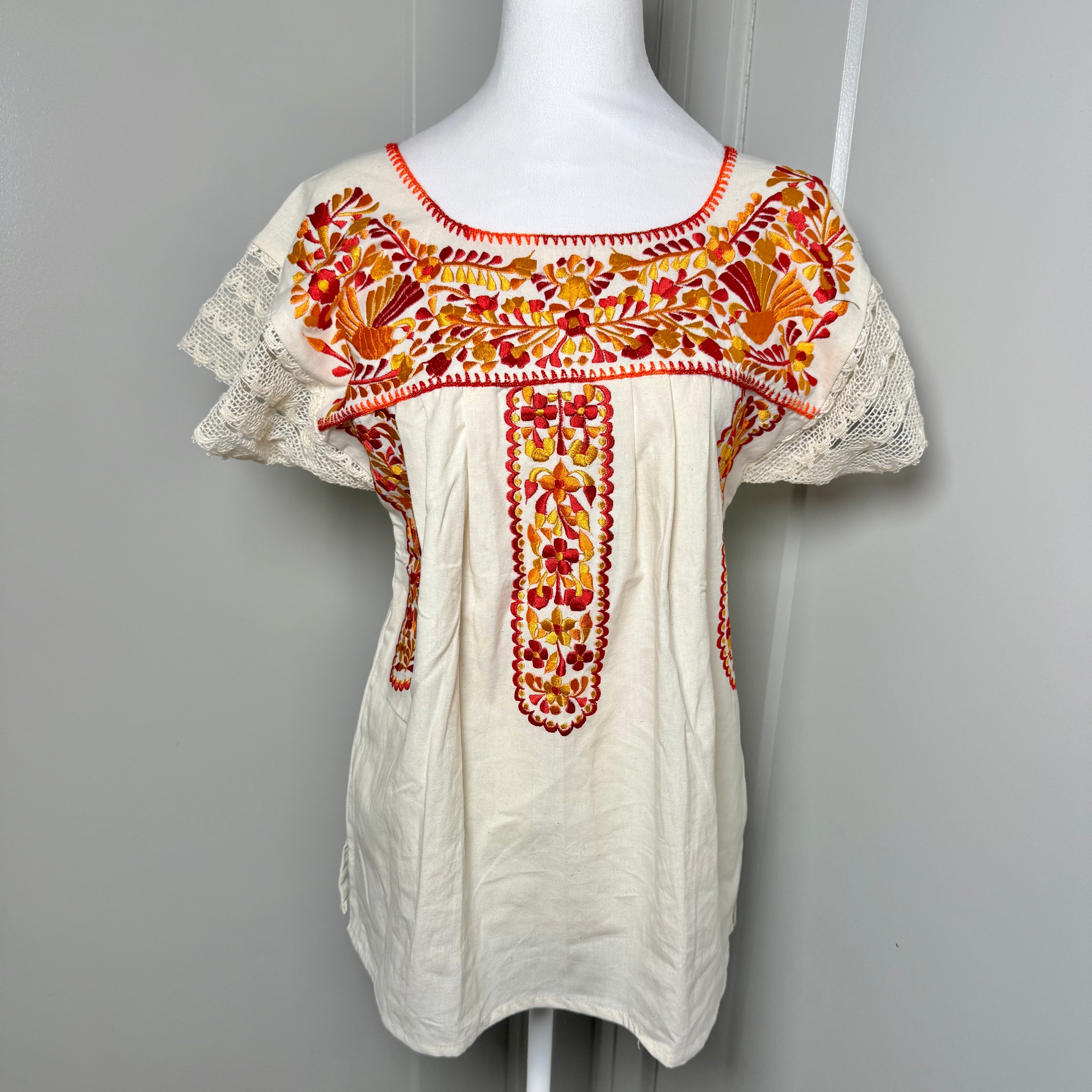 PUEBLA EMBROIDERED BLOUSE - NATURAL W/ORANGE & YELLOW EMBROIDERY