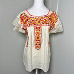 Load image into Gallery viewer, PUEBLA EMBROIDERED BLOUSE - NATURAL W/ORANGE &amp; YELLOW EMBROIDERY
