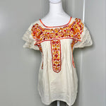 Load image into Gallery viewer, PUEBLA EMBROIDERED BLOUSE - NATURAL W/ORANGE &amp; YELLOW EMBROIDERY
