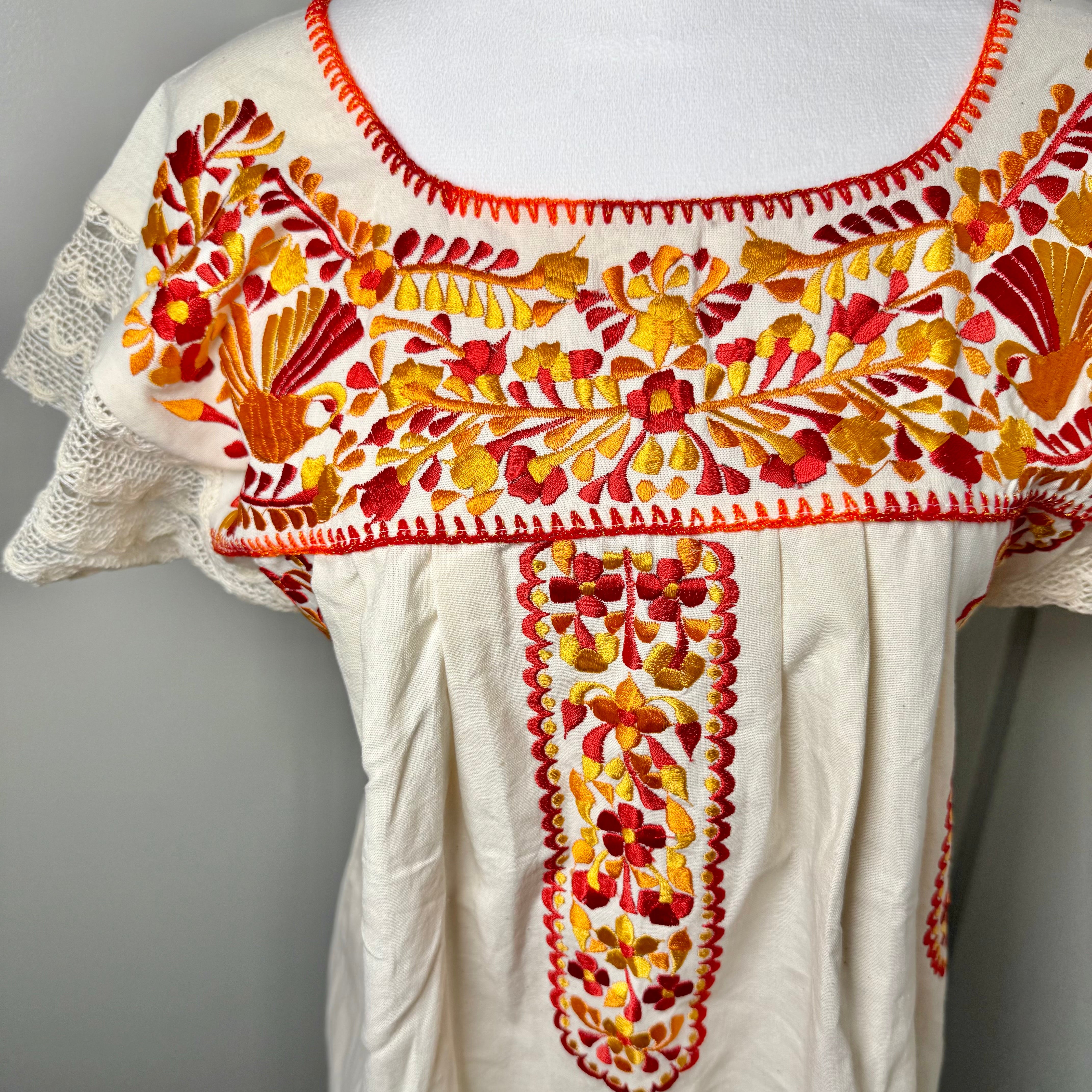 PUEBLA EMBROIDERED BLOUSE - NATURAL W/ORANGE & YELLOW EMBROIDERY