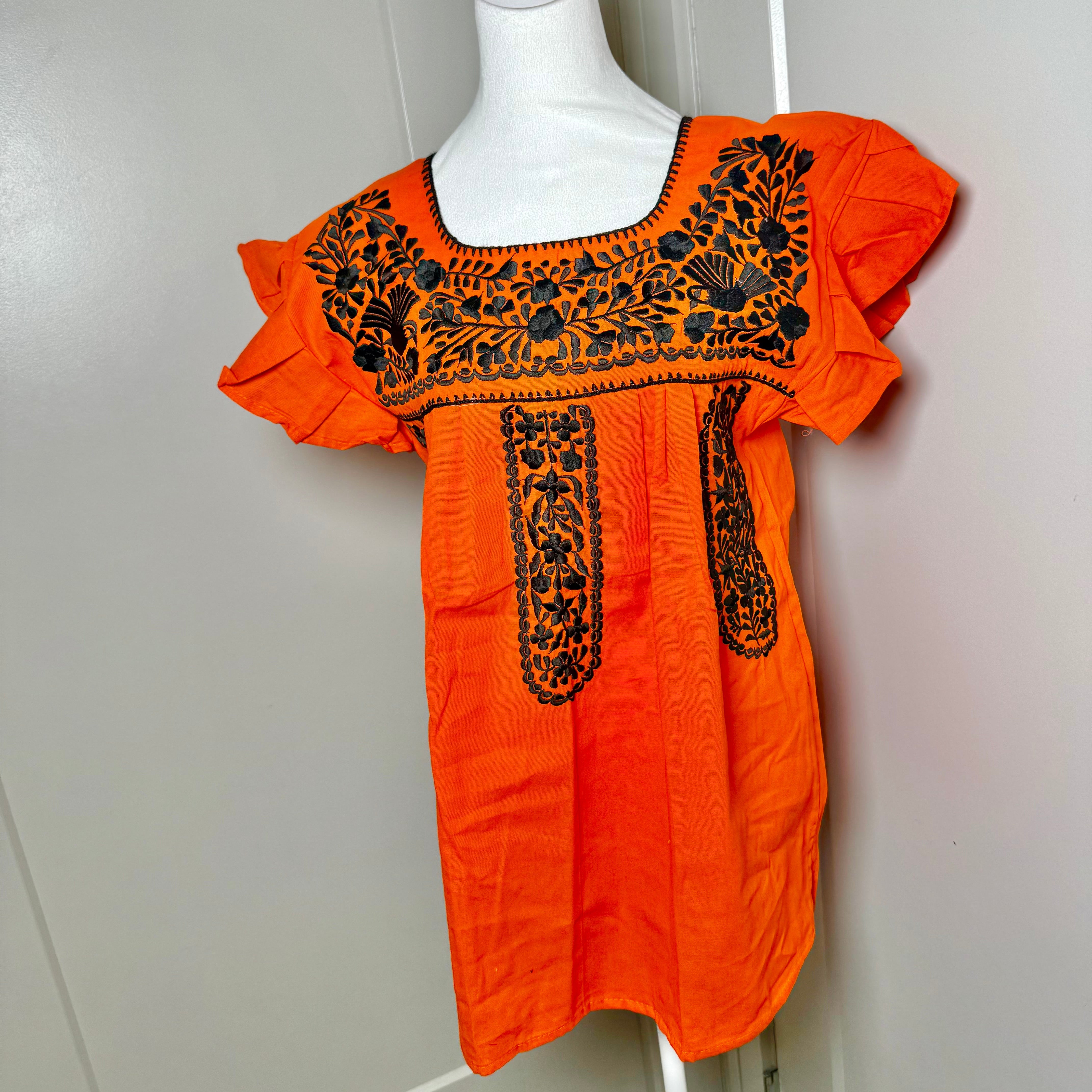FELIZ PUEBLA EMBROIDERED BLOUSE -  ORANGE W/ BLACK EMBROIDERY