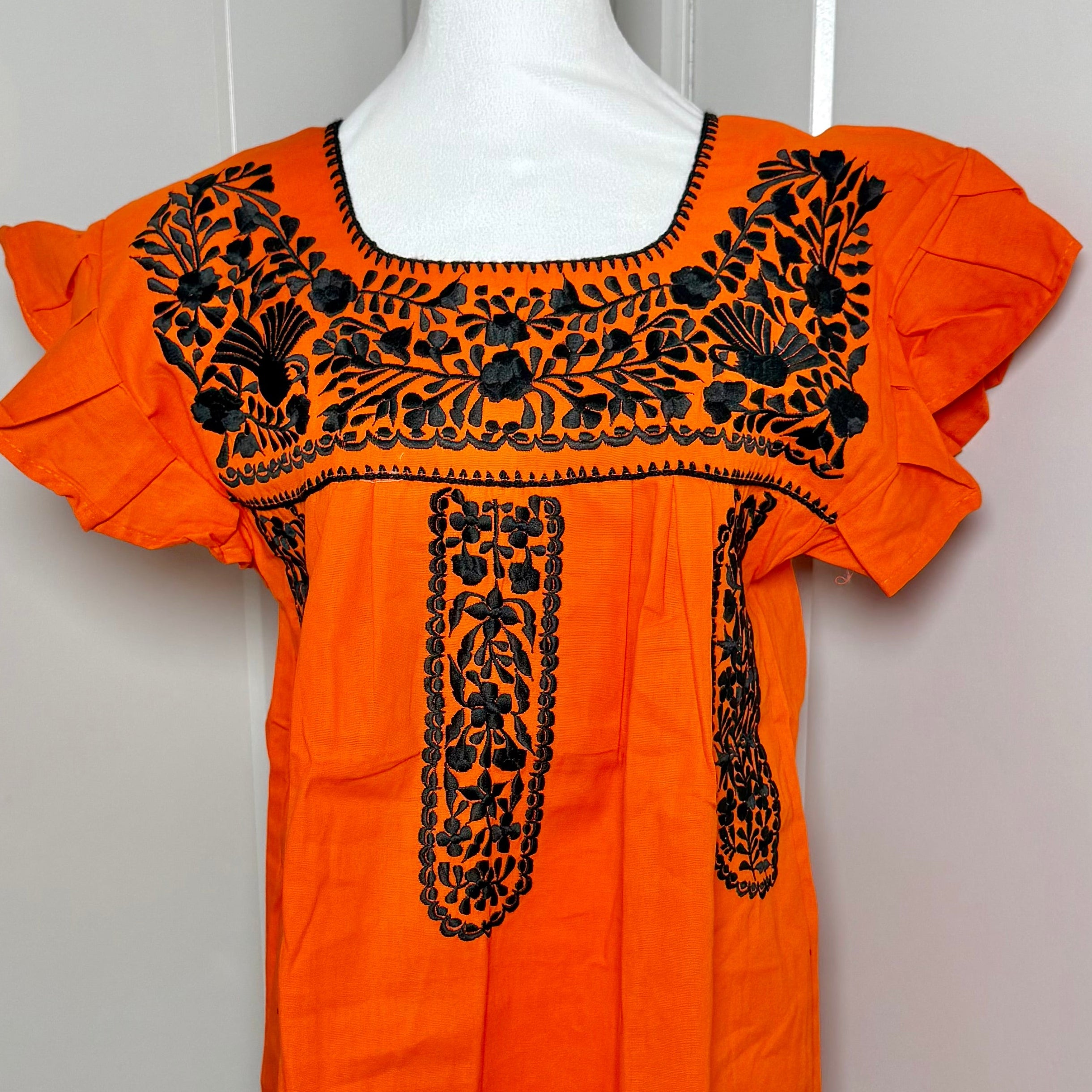 FELIZ PUEBLA EMBROIDERED BLOUSE -  ORANGE W/ BLACK EMBROIDERY