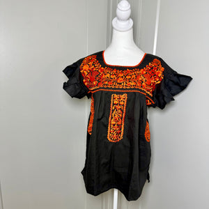 FELIZ PUEBLA EMBROIDERED BLOUSE -  BLACK W/ORANGE EMBROIDERY