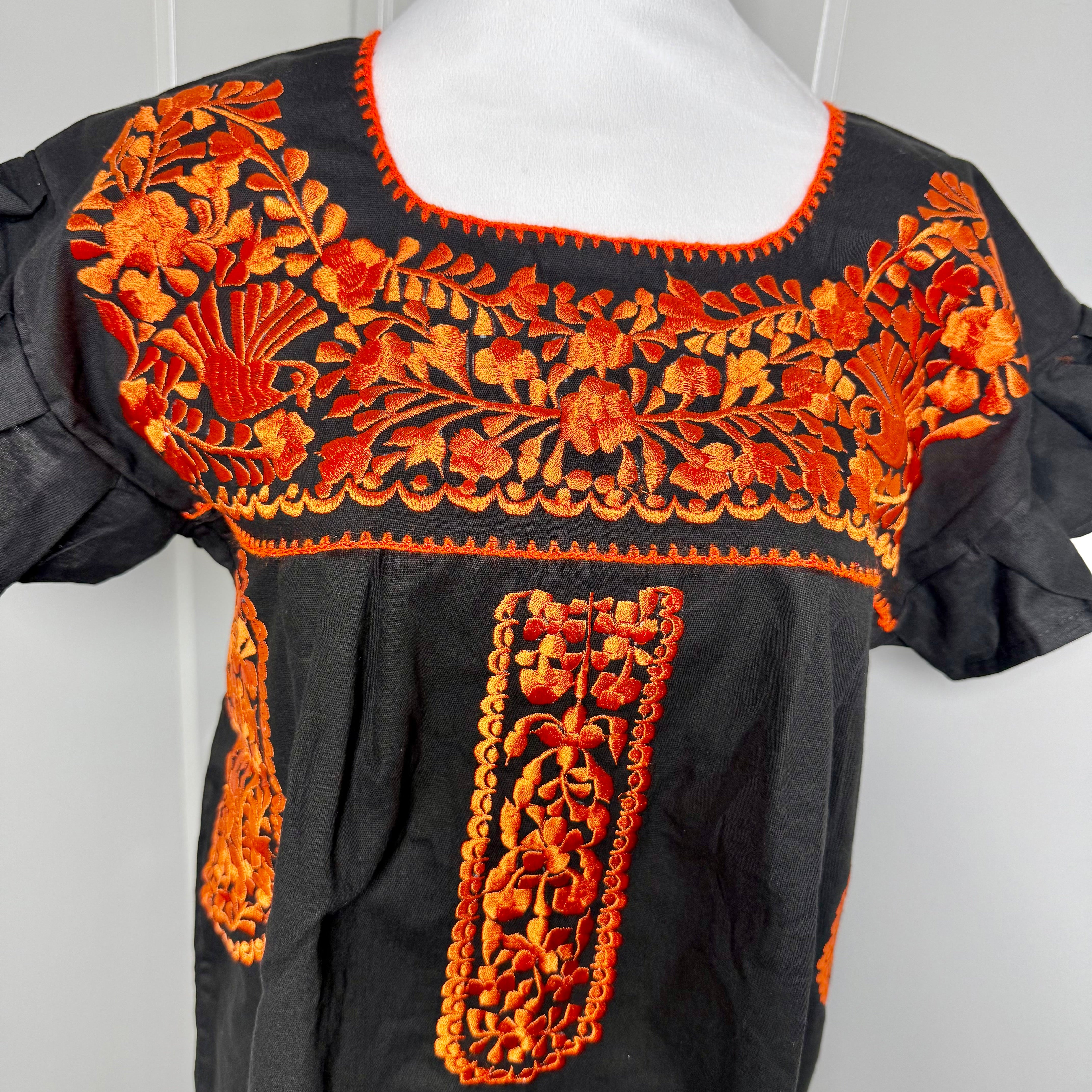 FELIZ PUEBLA EMBROIDERED BLOUSE -  BLACK W/ORANGE EMBROIDERY