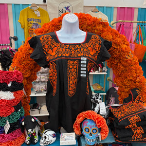 FELIZ PUEBLA EMBROIDERED BLOUSE -  BLACK W/ORANGE EMBROIDERY