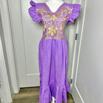 Load image into Gallery viewer, PALOMA DRESS (LONG)- LILA WITH GOLD EMBROIDERY WITH POCKETS
