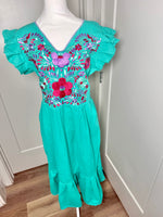 Load image into Gallery viewer, PALOMA DRESS (LONG) - TEAL WITH PURPLE &amp; FUSCHA EMBROIDERY WITH POCKETS
