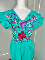 Load image into Gallery viewer, PALOMA DRESS (LONG) - TEAL WITH PURPLE &amp; FUSCHA EMBROIDERY WITH POCKETS
