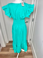 Load image into Gallery viewer, PALOMA DRESS (LONG) - TEAL WITH PURPLE &amp; FUSCHA EMBROIDERY WITH POCKETS
