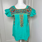 Load image into Gallery viewer, FELIZ PUEBLA EMBROIDERED BLOUSE -  TEAL WITH BROWN &amp; ORANGE  EMBROIDERY
