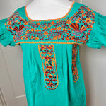 Load image into Gallery viewer, FELIZ PUEBLA EMBROIDERED BLOUSE -  TEAL WITH BROWN &amp; ORANGE  EMBROIDERY

