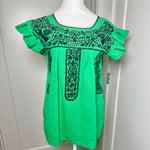 Load image into Gallery viewer, FELIZ PUEBLA EMBROIDERED BLOUSE -  GREEN W/BLACK EMBRODERY
