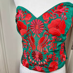 Load image into Gallery viewer, PUEBLA BUSTIER - GREEN W/RED EMBROIDERY - SIZE M-XL
