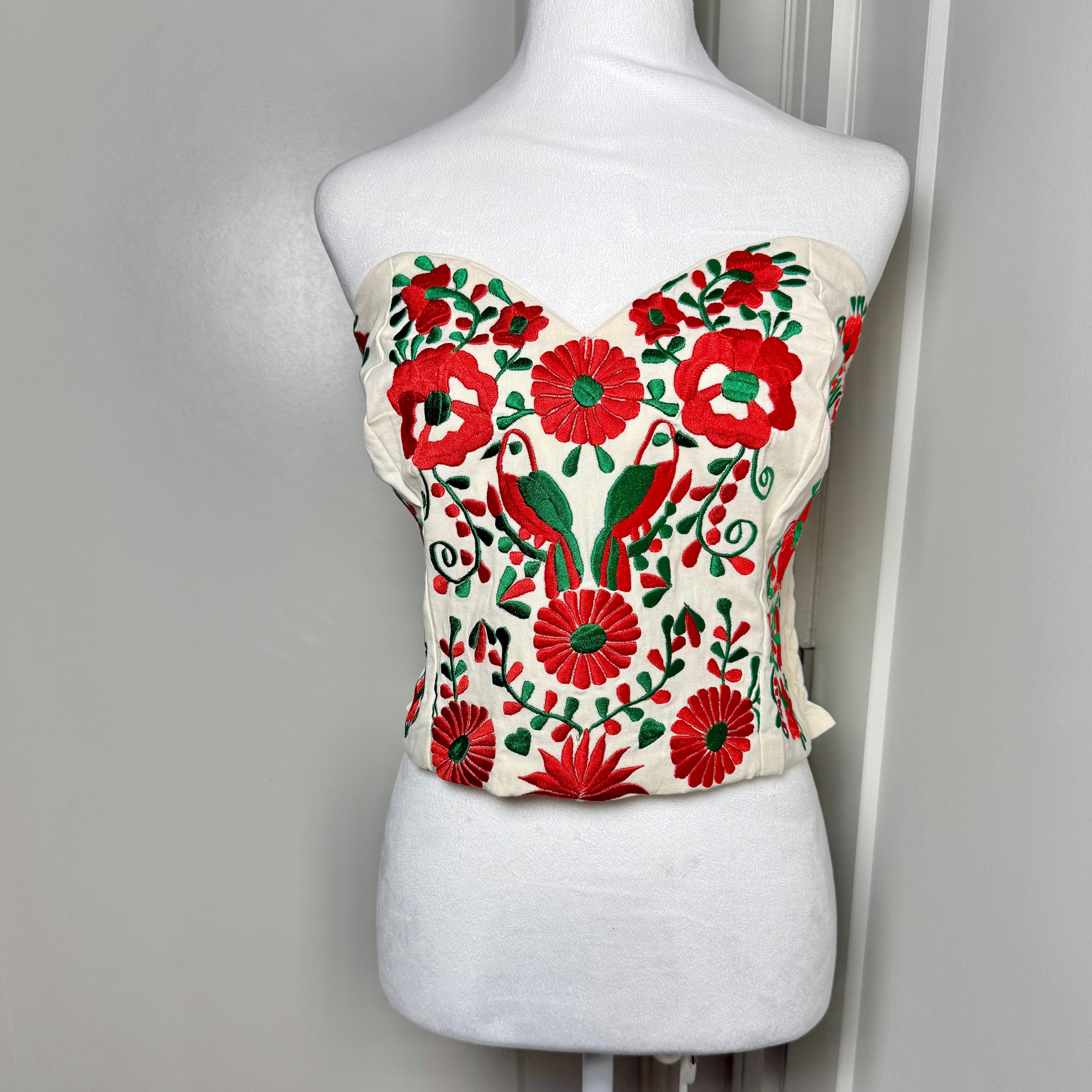 PUEBLA BUSTIER -NATURAL W/RED & GREEN EMBROIDERY- SIZE M-XL – Sin