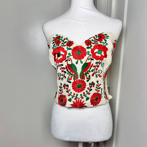 PUEBLA BUSTIER -NATURAL W/RED & GREEN EMBROIDERY- SIZE M-XL – Sin
