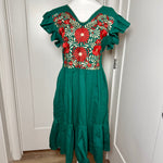 Load image into Gallery viewer, PALOMA DRESS - GREEN W/RED  &amp; GOLD EMBROIDERY WITH POCKETS
