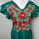 Load image into Gallery viewer, PALOMA DRESS - GREEN W/RED  &amp; GOLD EMBROIDERY WITH POCKETS
