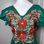 Load image into Gallery viewer, PALOMA DRESS - GREEN W/RED  &amp; GOLD EMBROIDERY WITH POCKETS
