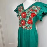 Load image into Gallery viewer, PALOMA DRESS - GREEN W/RED  &amp; GOLD EMBROIDERY WITH POCKETS
