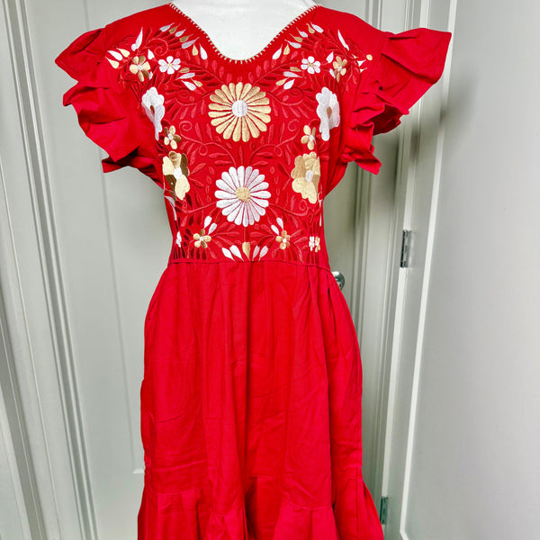 PALOMA DRESS - RED W/RED, White & GOLD EMBROIDERY WITH POCKETS XL/XXL PALOMA DRESS - RED W/RED, White & GOLD EMBROIDERY WITH POCKETS XL/XXL