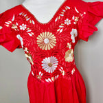 Load image into Gallery viewer, PALOMA DRESS - RED W/RED, WHITE  &amp; GOLD EMBROIDERY WITH POCKETS
