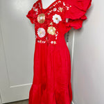 Load image into Gallery viewer, PALOMA DRESS - RED W/RED, WHITE  &amp; GOLD EMBROIDERY WITH POCKETS
