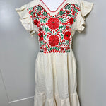 Load image into Gallery viewer, PALOMA DRESS - NATURAL W/RED &amp; GREEN EMBROIDERY WITH POCKETS

