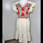Load image into Gallery viewer, PALOMA DRESS - NATURAL W/RED &amp; GREEN EMBROIDERY WITH POCKETS
