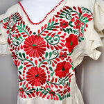 Load image into Gallery viewer, PALOMA DRESS - NATURAL W/RED &amp; GREEN EMBROIDERY WITH POCKETS
