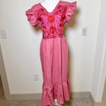 Load image into Gallery viewer, PALOMA DRESS (LONG)- MAUVE WITH RED &amp; FUSCHIA EMBROIDERY
