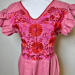 Load image into Gallery viewer, PALOMA DRESS (LONG)- MAUVE WITH RED &amp; FUSCHIA EMBROIDERY
