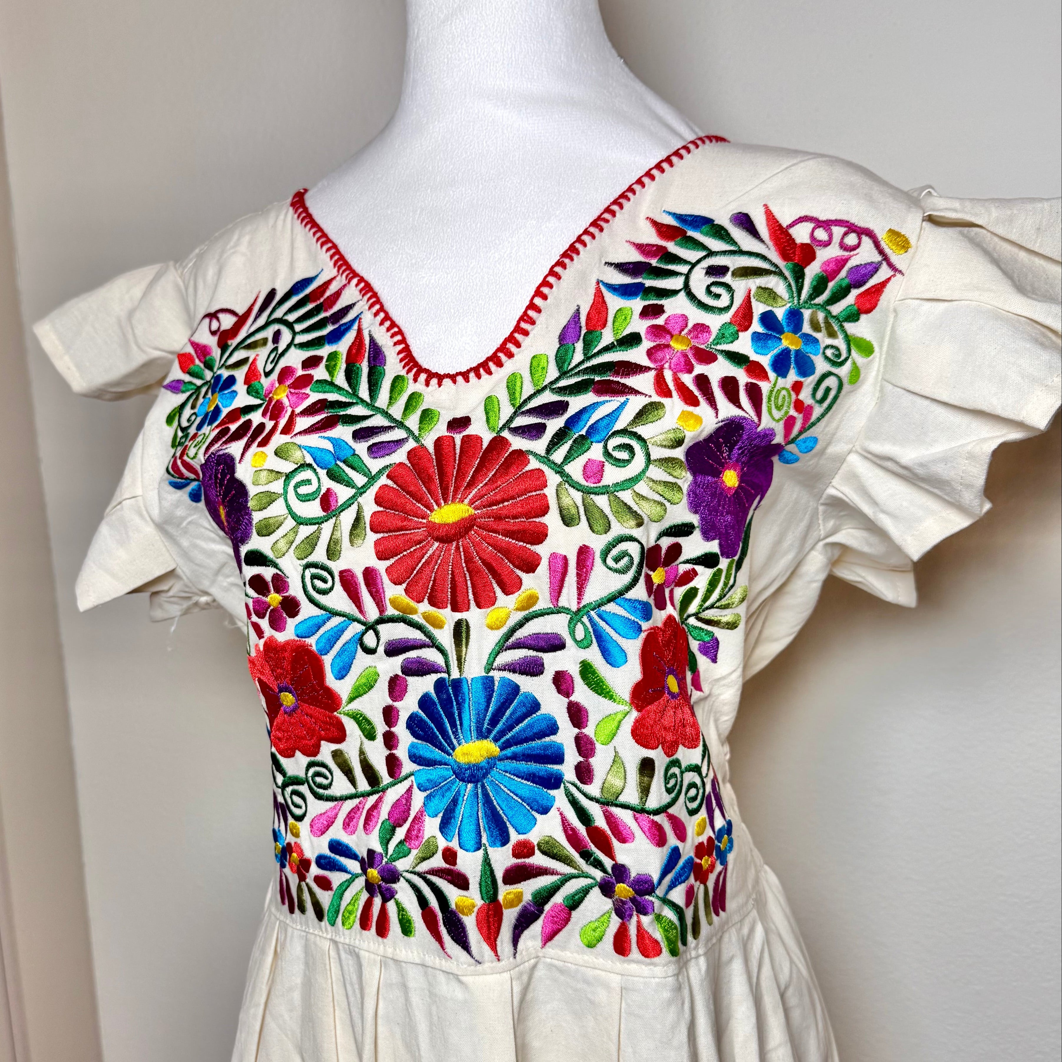 PALOMA DRESS (LONG)- NATURAL W/MUTLICOLOR EMBROIDERY S/M/L