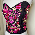 Load image into Gallery viewer, PUEBLA BUSTIER -BLACK WITH PINK OTOMI EMBROIDERY -M/L
