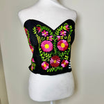Load image into Gallery viewer, PUEBLA BUSTIER -BLACK WITH LIME AND PINK FLOWERS -M/L

